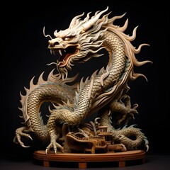 Traditional-style Japanese Dragon Carved from wood, the photo depicts traditional Japanese wood statue carving.