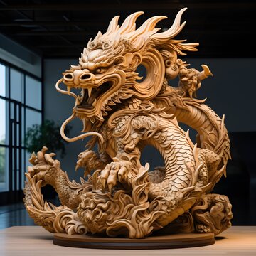 Traditional-style Japanese Dragon Carved from wood, the photo depicts traditional Japanese wood statue carving.