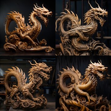 Traditional-style Japanese Dragon Carved from wood, the photo depicts traditional Japanese wood statue carving.