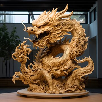 Traditional-style Japanese Dragon Carved from wood, the photo depicts traditional Japanese wood statue carving.