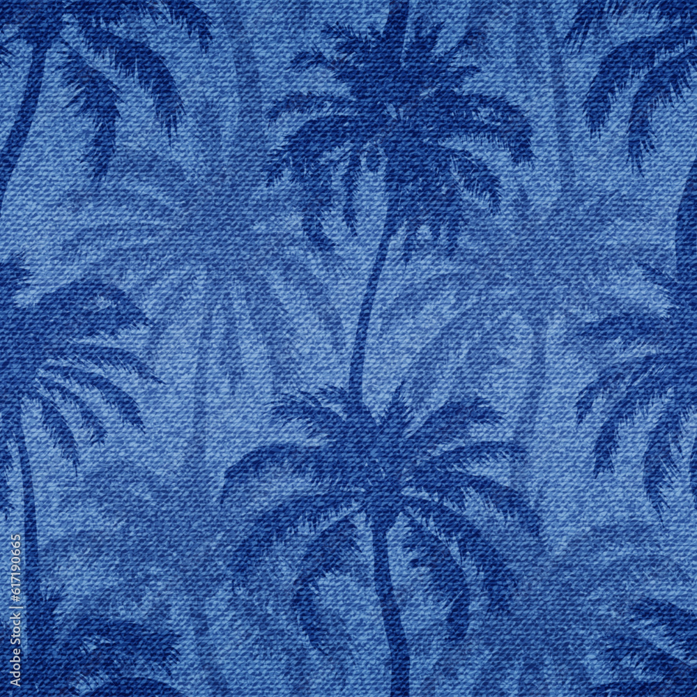 Aufkleber palm seamless pattern. repeated palm trees patern. silhouette coconut tree. denim beach background. 