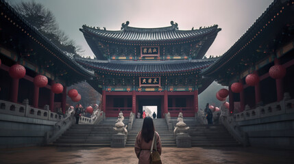 South Korea Travel Woman at Temple