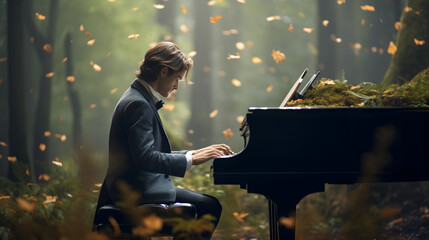 pianist playing a melody so powerful it changes the seasons around him in a forest during the day