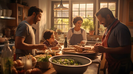 multi-generational family preparing a meal together in a warm