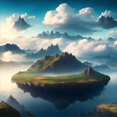 Amazing fantasy scenery with floating islands, house, field on cloudy background. Digital painting illustration created with Generative AI technology.