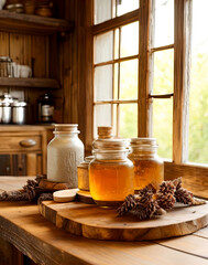 illustration of a honey jar  in a rustic country house kitchen  - AI Generative 