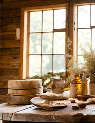 illustration of a morning in the interior of a rustic country house kitchen - IA Generative 