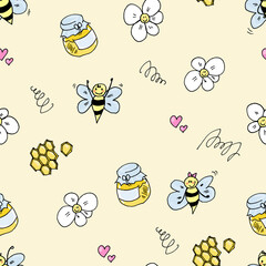 Cute smiling bee with honey and flowers - colorful hand drawn seamless pattern on yellow background
