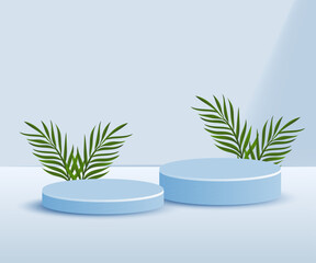 3d product podium and pedestal in modern light blue color with palm leaves. 3d rendering vector background view with podium. To show 3d cosmetic products.