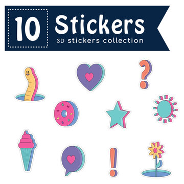 Set of colored groovy 3d sticker icons Vector illustration