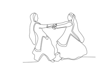 Two women celebrate the Teej festival. Teej one-line drawing