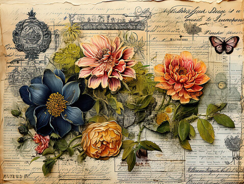 Vintage ephemera background with victorian style flowers, butterfly and engraving. Old paper texture. Generative AI