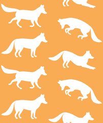 Vector seamless pattern of flat hand drawn fox silhouette isolated on orange background