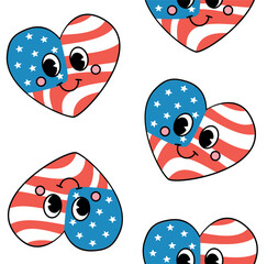 Vector seamless pattern of retro groovy American flag heart with face isolated on white background