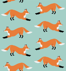 Vector seamless pattern of hand drawn flat fox isolated on mint background