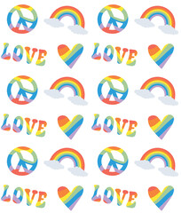 Vector seamless pattern of groovy lgbt elements isolated on white background