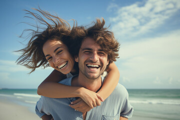 Couple enjoys a piggyback ride at the beach in summer. travel. vacations. illustration created with ai