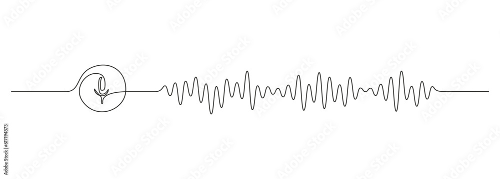 Aufkleber One continuous line drawing of music player soundbar with microphone button. Record audio and sound wave voice message in simple linear style. Editable stroke. Doodle vector illustration
