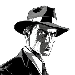 A head drawing of a man with a hat, noir line art