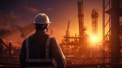 Stof per meter Construction worker crane operator facing industrial landscape at sunset © Generative Professor