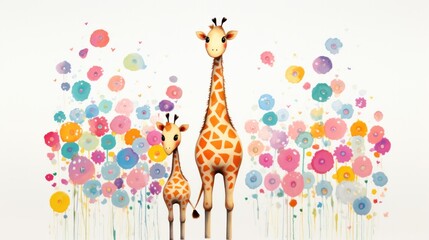 Children's book illustration poster with giraffes in watercolor style