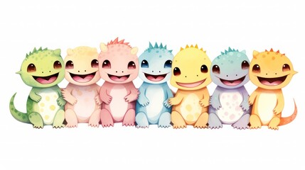 Fototapeta premium Children's book illustration poster with happy lizards in watercolor style