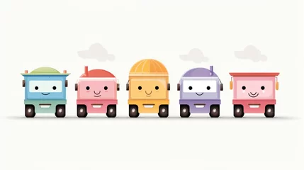 Meubelstickers Children's book illustration poster with happy trucks in watercolor style © Generative Professor