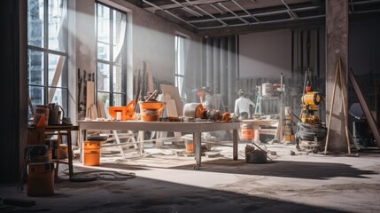 Construction building site with tools and supplies