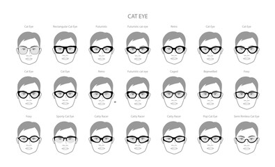 Set of Cat Eye glasses frame glasses on men face character fashion accessory illustration. Sunglass front view unisex silhouette, flat rim spectacles eyeglasses with lens sketch style outline isolated