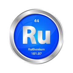 Icon structure Ruthenium (Ru) chemical element round shape circle blue. Chemical element of the periodic table. Sign with atomic number. Study in science for education. 3D vector illustration.