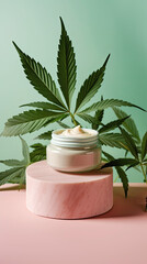 Green jar of face cream stands on a podium for a still shot, surrounded by marijuana leaves