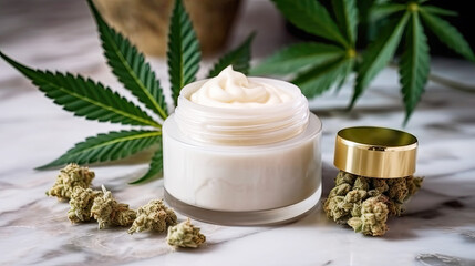 Jar of face cream stands on a marble background, surrounded by marijuana leaves - obrazy, fototapety, plakaty