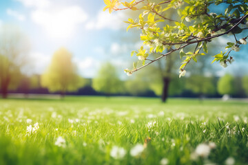 Blurred background image of spring nature with a neatly trimmed lawn surrounded by trees against a blue sky with clouds on a bright sunny day.