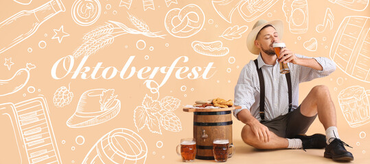 Banner for Oktoberfest with German man drinking cold beer