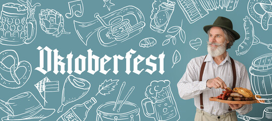 Banner for Oktoberfest with German man holding snacks