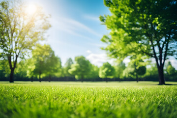 Fototapeta na wymiar Blurred background image of spring nature with a neatly trimmed lawn surrounded by trees against a blue sky with clouds on a bright sunny day.