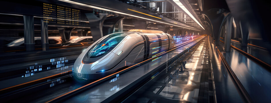 futuristic bullet train or hyperloop ultrasonic train cabsul with full self driving system activated for fast transportation and autonomy concepts as wide banner with copy space area - Generative AI