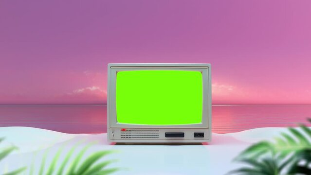 Retro TV on the beach, chroma key, green screen, summer vacation concept. 4k footage.
