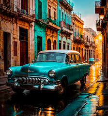 blue vintage car havana weat street golden hour - obrazy, fototapety, plakaty