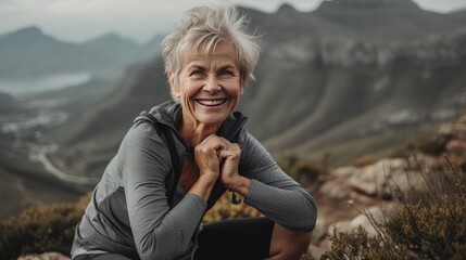 Happy female hiker smiling while standing alone. Cheerful mature woman carrying a backpack and standing on a hilltop. Adventurous backpacker enjoying a hike at sunset.