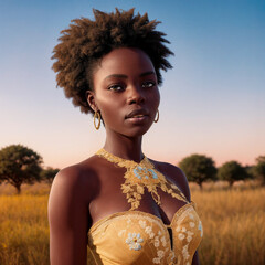 Foto de una bella mujer africana de ojos claros en el atardecer - obrazy, fototapety, plakaty