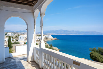 Obraz premium Landscape in Greece. View of the sea in the background with typical Greek architecture in the foreground. Steps down to the sea. Beautiful light. Very detailed. Discreet vegetation.