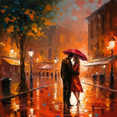 A painted image of a romantic couple in love under a red umbrella and against the backdrop of the architecture of a medieval European city. Generative AI