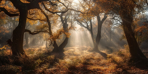 Fototapeta premium Landscape of autumn deciduous forest in sunny and slightly foggy weather. Generative AI