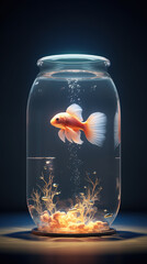 A beautiful exotic goldfish inside a cylindrical aquarium. AI generated image.Cute.