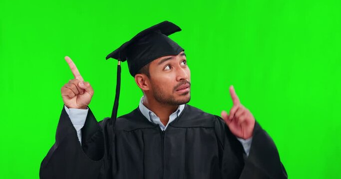 University, choice and graduate with decision in green screen background thinking of scholarship, college or career. Job offer, achievement and man student pointing at education or opportunity option