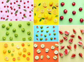 Collection of fresh fruits and berries on color background. Patterns for design