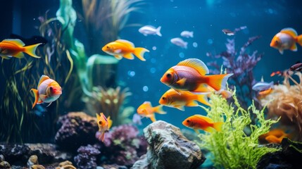 Naklejka na ściany i meble a beautiful photo of a aquarium with fishes and corals. Generative AI