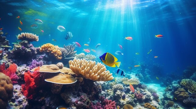 a beautiful photo of a aquarium with fishes and corals. Generative AI
