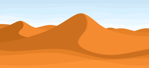 Fototapeta na wymiar Desert landscape with blue sky. Vector background of sand dunes. Hot dry deserted nature background with sandy hills in cartoon style. Flat vector illustration